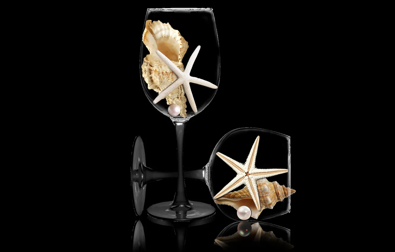 Photo wallpaper cups, shells, pearls, star fishes
