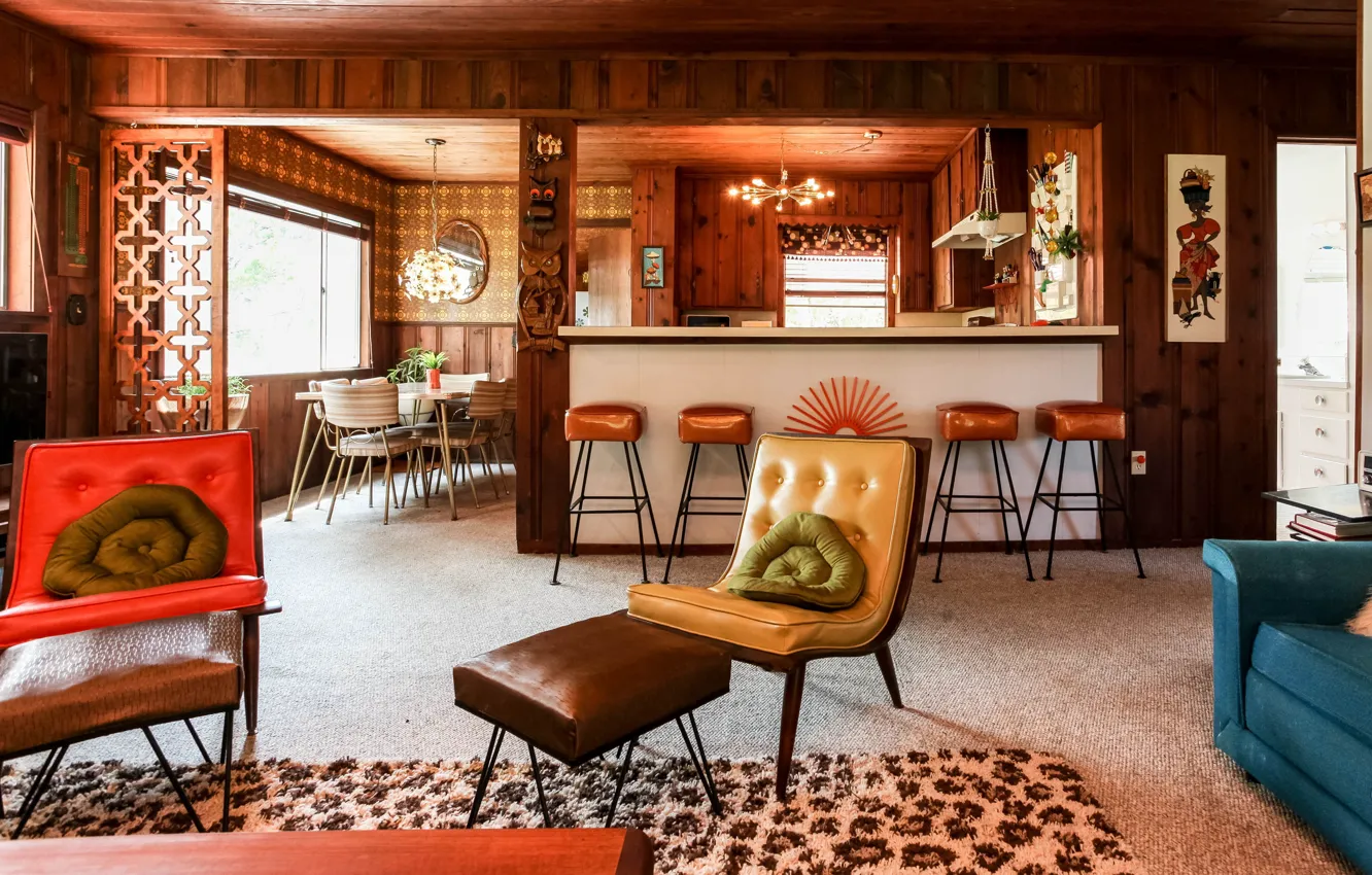 Photo wallpaper design, interior, kitchen, retro style, living room, dining room, warm colors, Retro Madmen Home