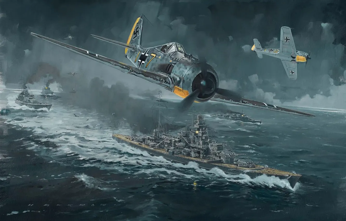 Photo wallpaper ship, The plane, attack, the second world war
