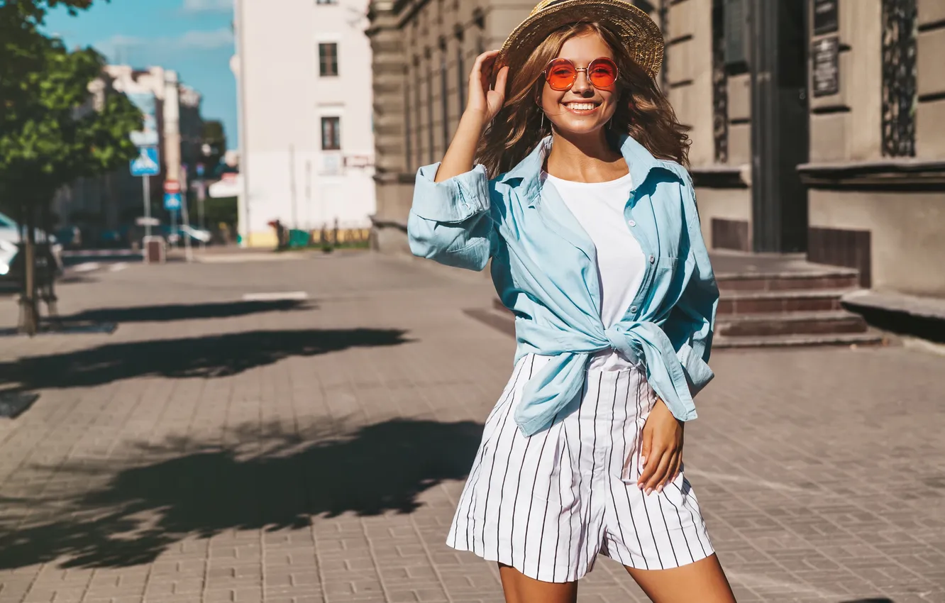 Photo wallpaper summer, model, street, blonde, smiling, posing, clothes