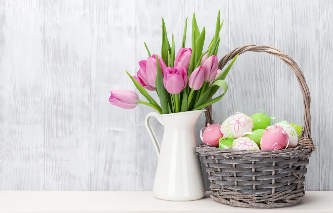 Photo wallpaper flowers, eggs, spring, colorful, Easter, wood, pink, flowers