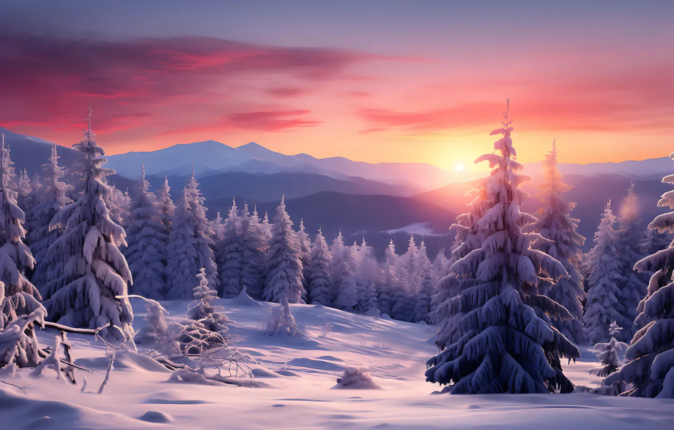 Photo wallpaper winter, forest, snow, mountains, tree, forest, winter, snow