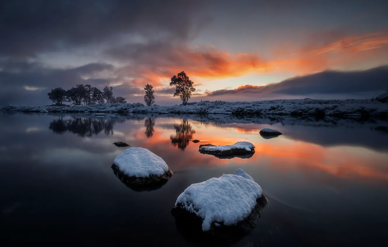 Photo wallpaper winter, sunset, river