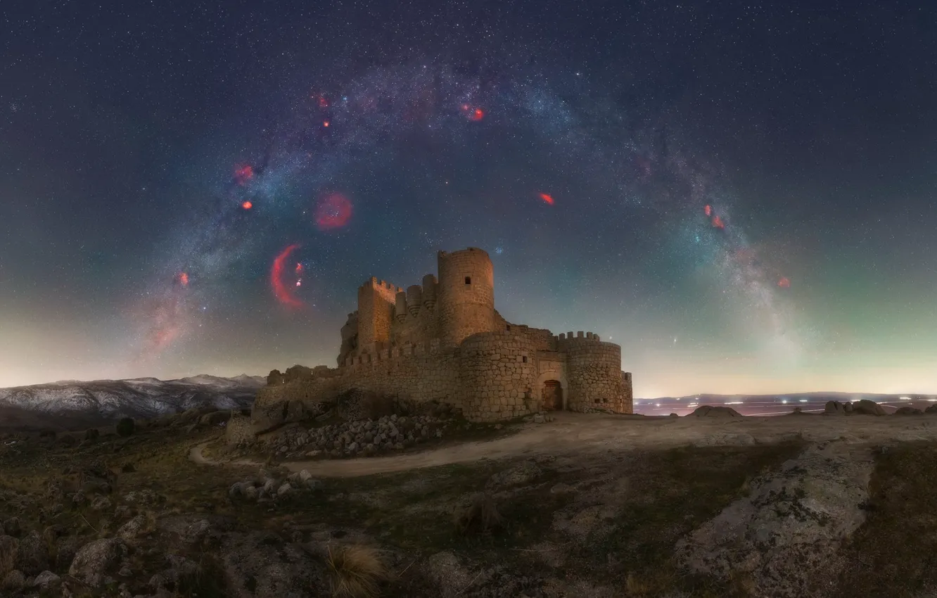 Photo wallpaper road, field, the sky, stars, mountains, night, stones, castle