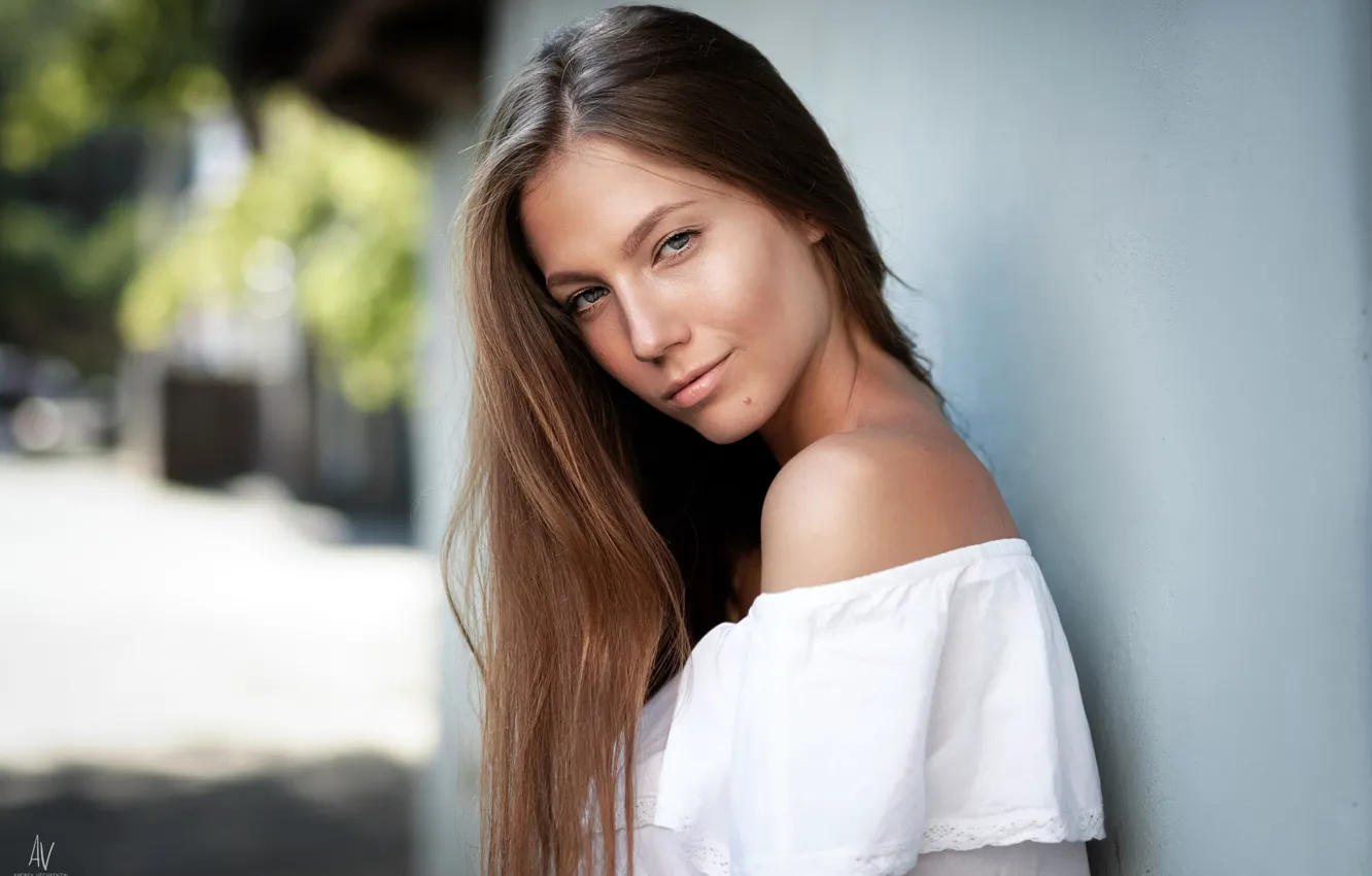 Photo wallpaper look, wall, model, portrait, makeup, dress, hairstyle, brown hair