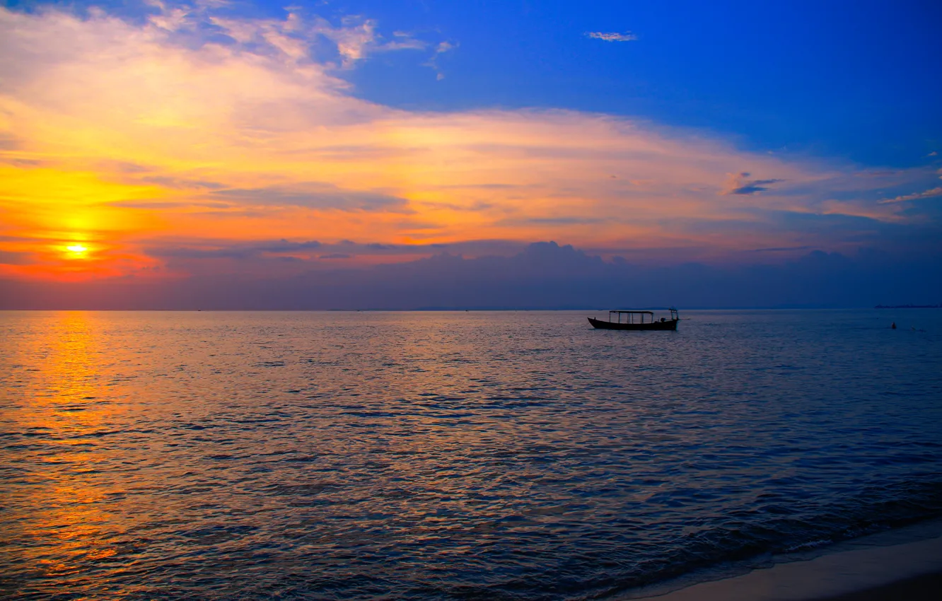 Photo wallpaper sea, sunset, boat, Asia, Cambodia, the Otres beach