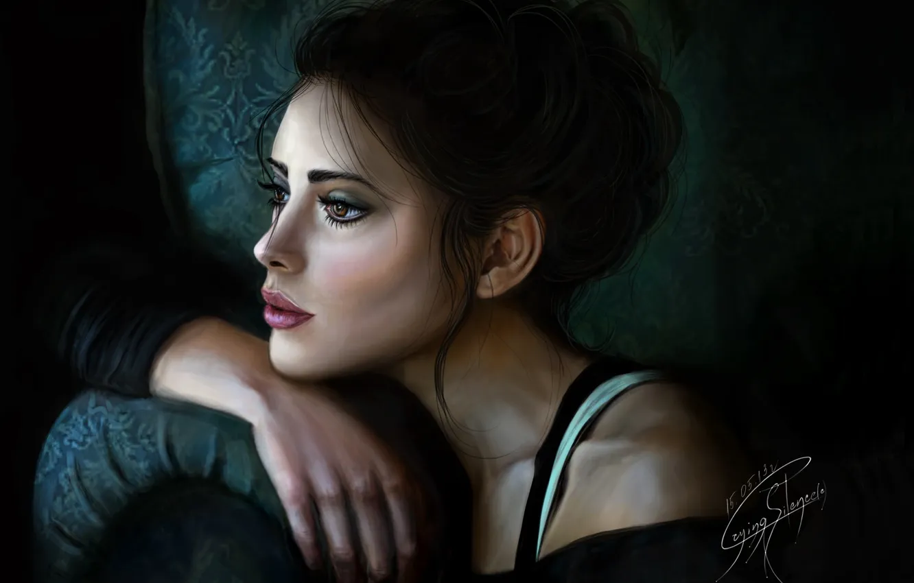 Photo wallpaper look, girl, hair, chair, makeup, art, lips, profile