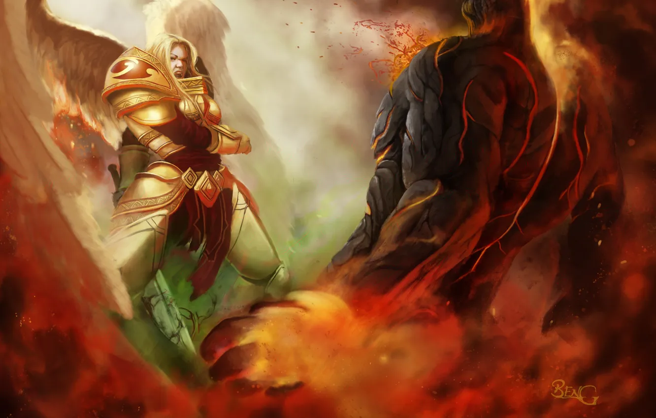 Photo wallpaper girl, lights, wings, art, lava, battle, the fight, League of Legends