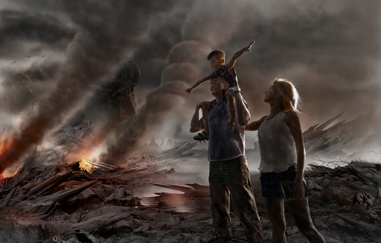 Photo wallpaper girl, children, smoke, man, art