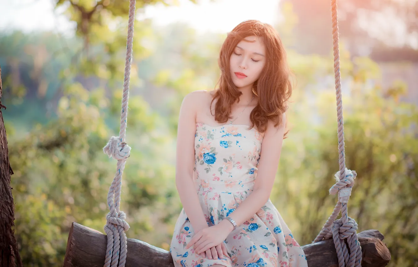 Photo wallpaper summer, girl, swing