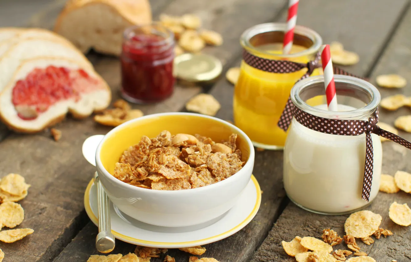 Photo wallpaper food, Breakfast, juice, dessert, jam, tube, toast, muesli