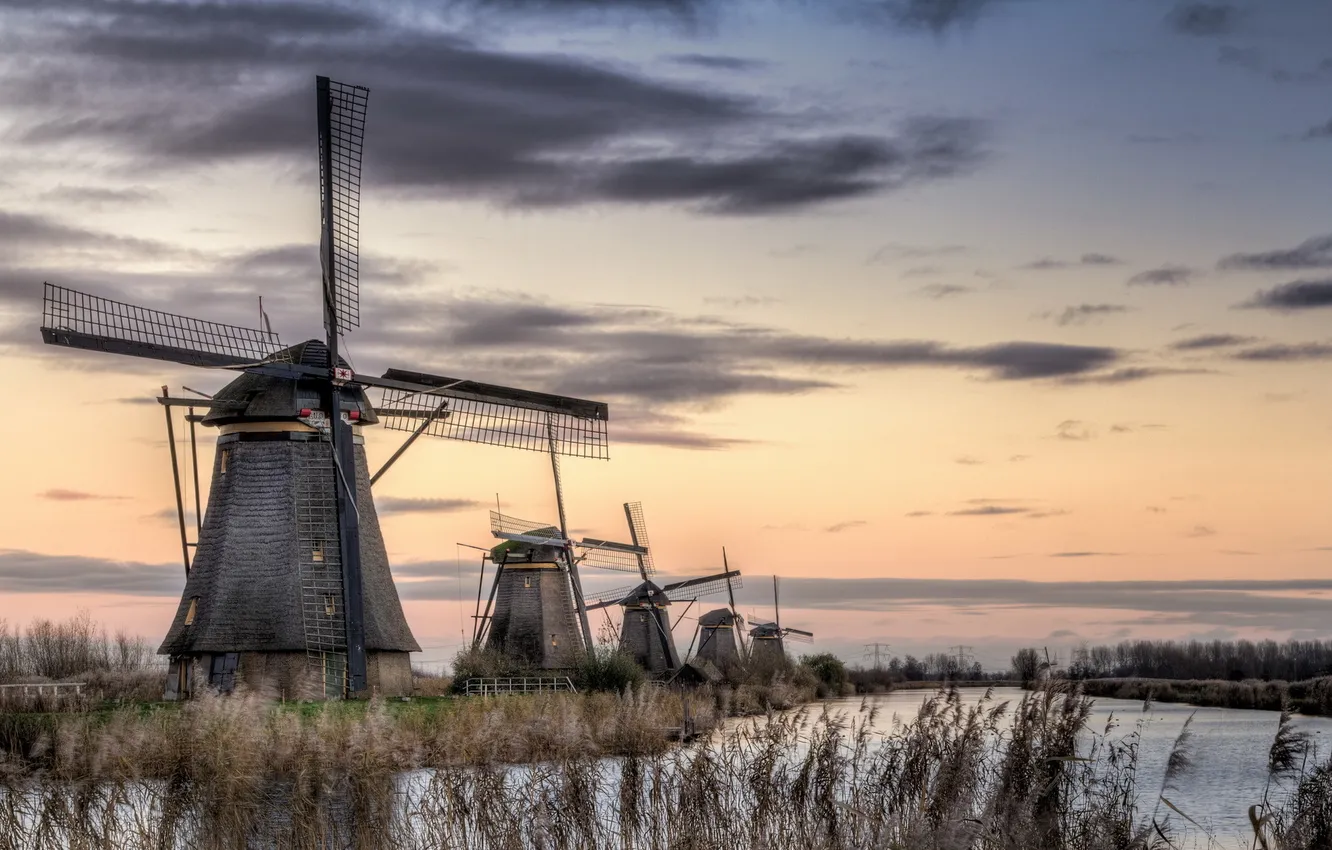 Photo wallpaper landscape, mill, Holland, Kinderdijk
