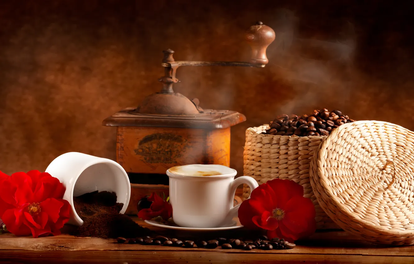 Photo wallpaper flowers, box, coffee, Cup, coffee beans, coffee grinder