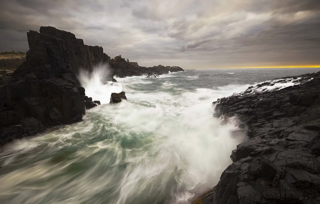 Photo wallpaper sea, wave, squirt, clouds, rocks