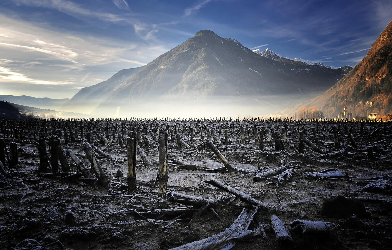 Photo wallpaper field, mountains, nature, columns, abandoned vineyard