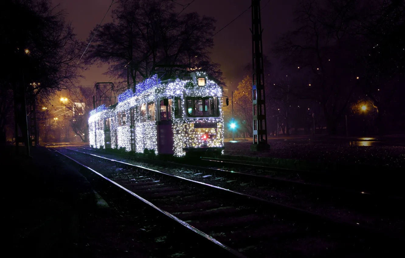 Photo wallpaper winter, road, trees, night, the city, rails, lighting, lights