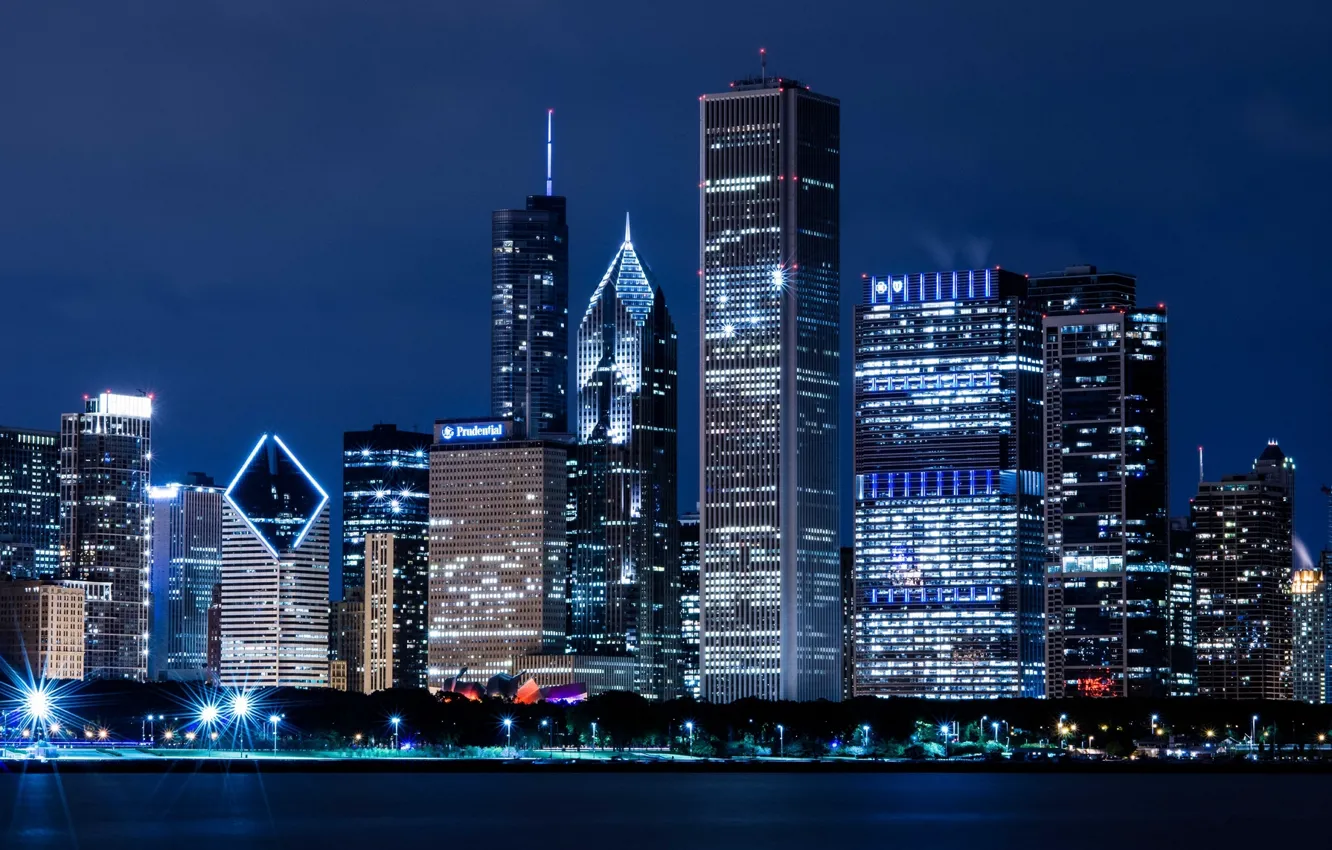 Photo wallpaper night, the city, river, building, home, skyscrapers, Chicago, USA