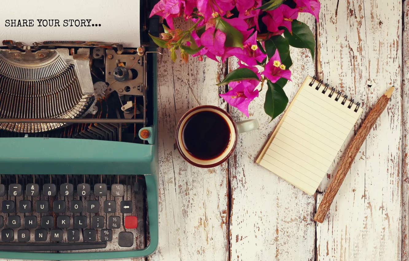 Photo wallpaper coffee, paper, table, typewriter