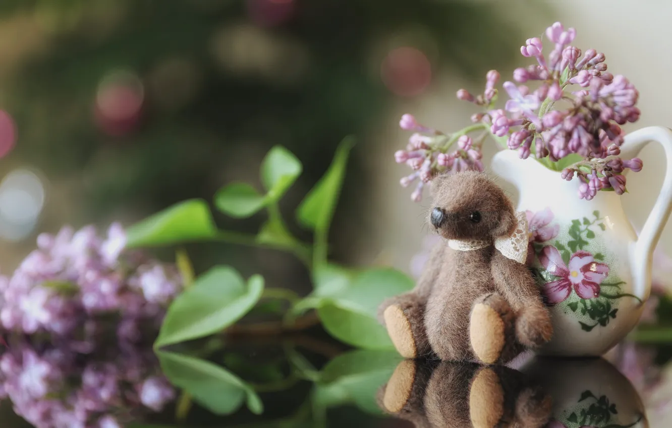 Photo wallpaper leaves, flowers, childhood, reflection, table, background, toy, bouquet