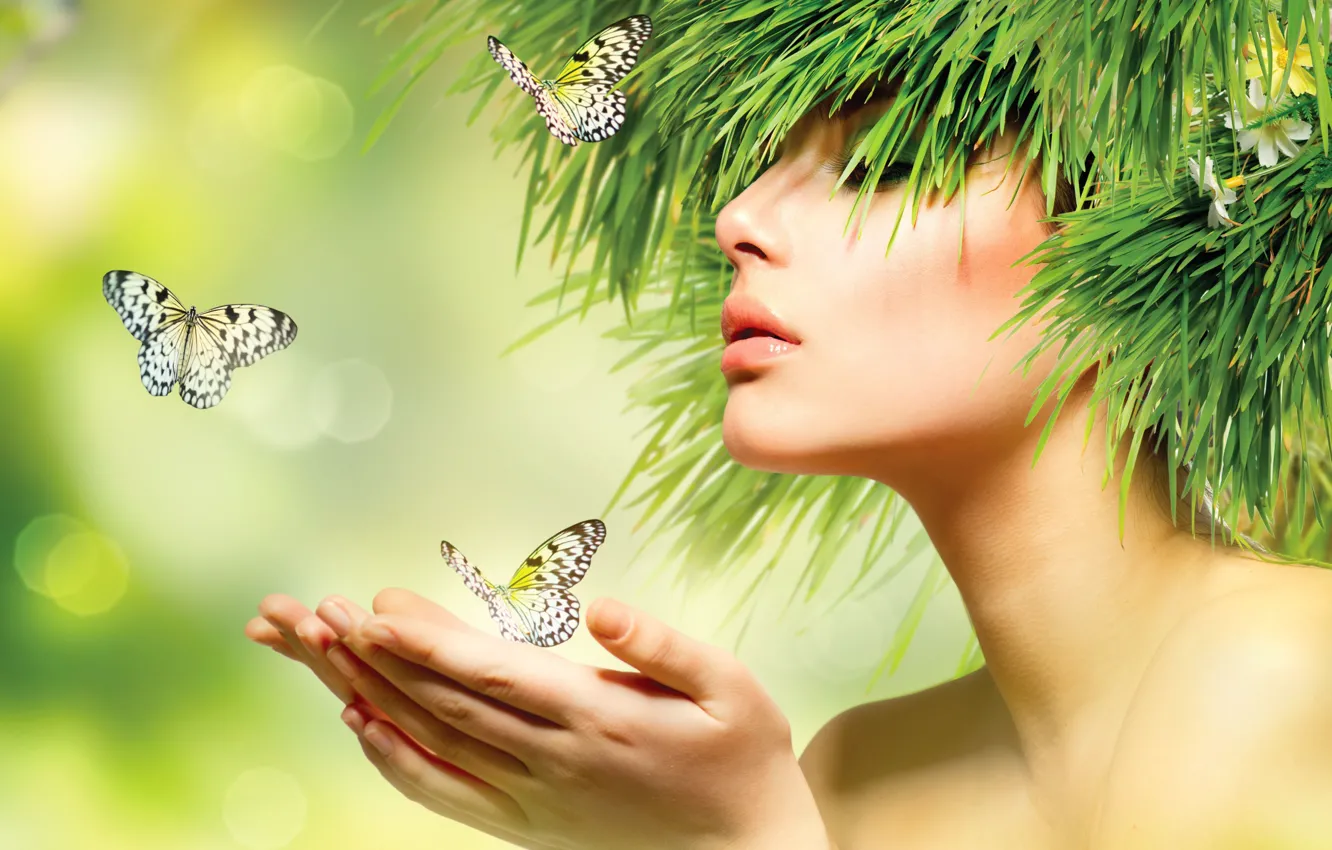 Photo wallpaper summer, grass, girl, flowers, butterfly, head, shoulders, bokeh