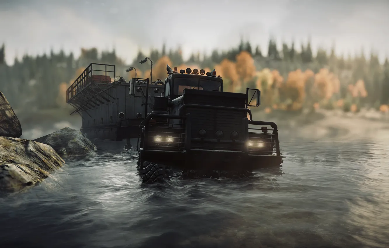 Photo wallpaper HDR, game, river, wood, water, rocks, truck, Michigan