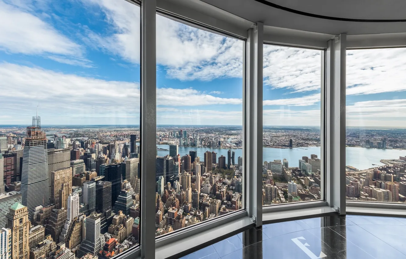 Photo wallpaper the sky, clouds, the city, river, horizon, the view from the window