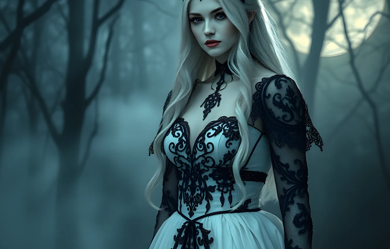 Photo wallpaper forest, girl, trees, night, branches, fog, Gothic, the moon