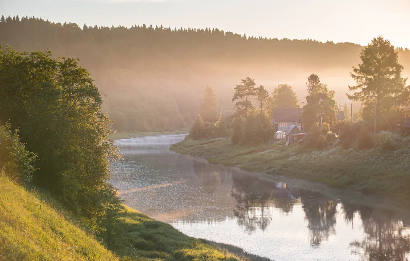 Photo wallpaper summer, fog, river, morning, village, sunrise, sunlight, misty morning