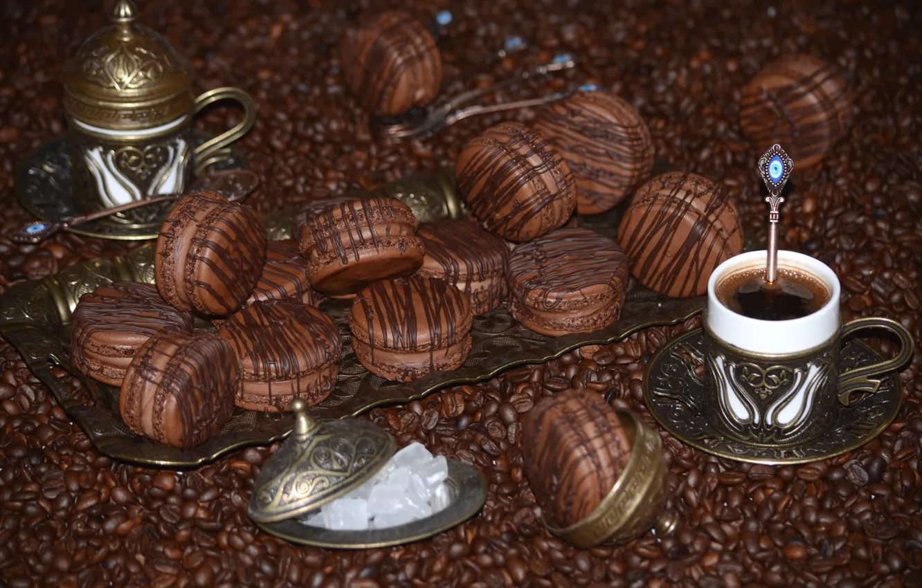 Photo wallpaper coffee, chocolate, Cup, macaroon