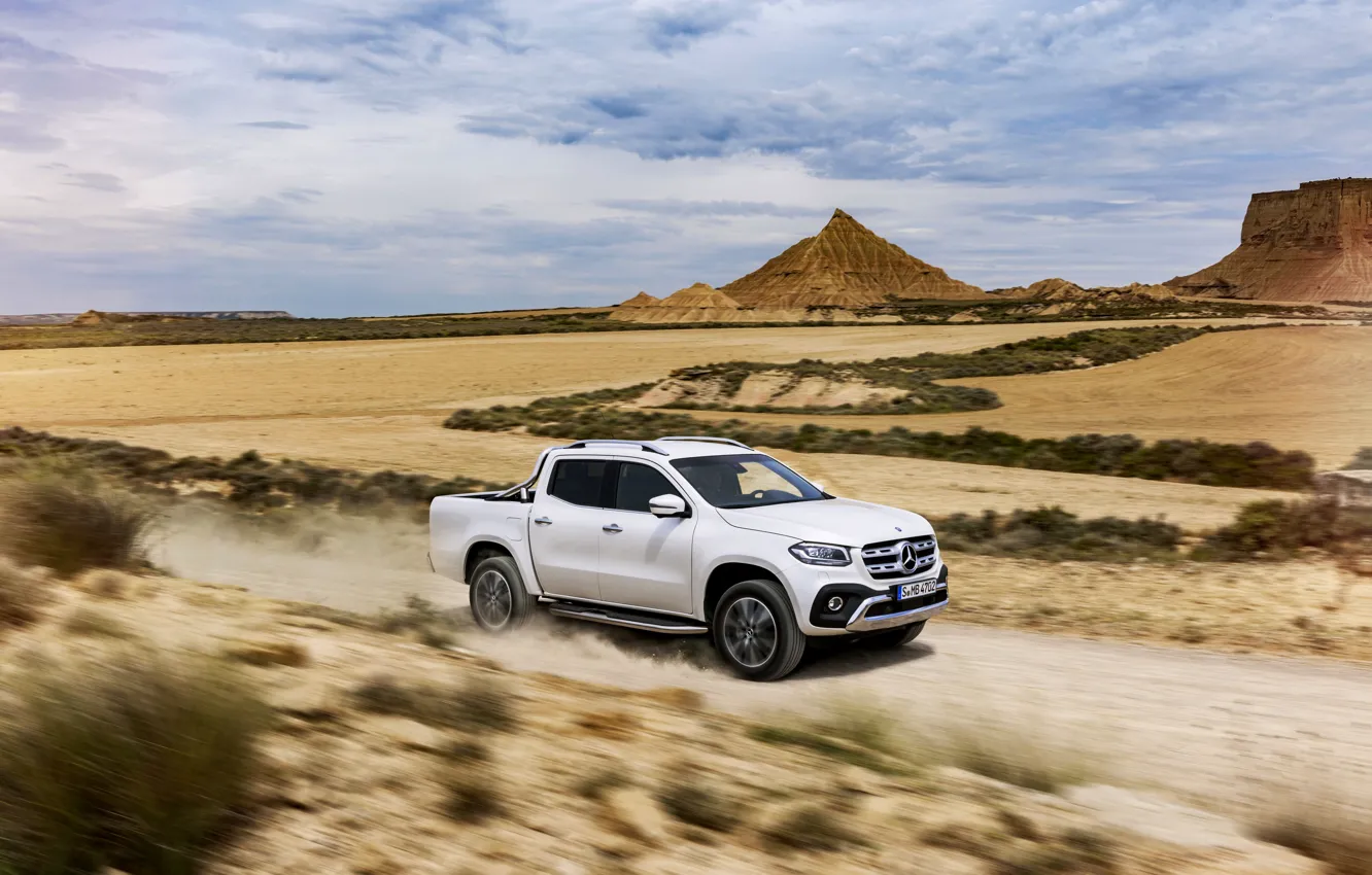 Photo wallpaper white, the sky, clouds, movement, vegetation, Mercedes-Benz, dust, plain