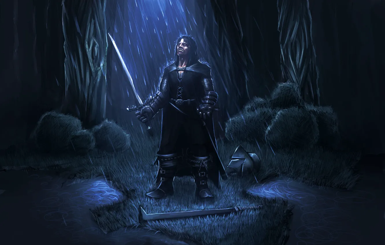 Photo wallpaper night, rain, sword, warrior