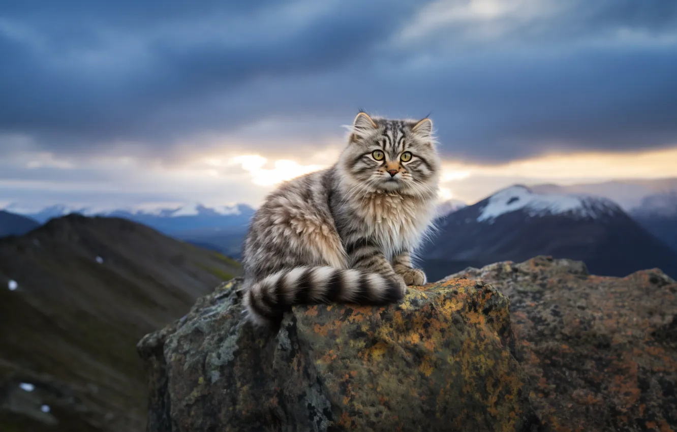 Photo wallpaper cat, the sky, cat, mountains, clouds, stones, rocks, tops