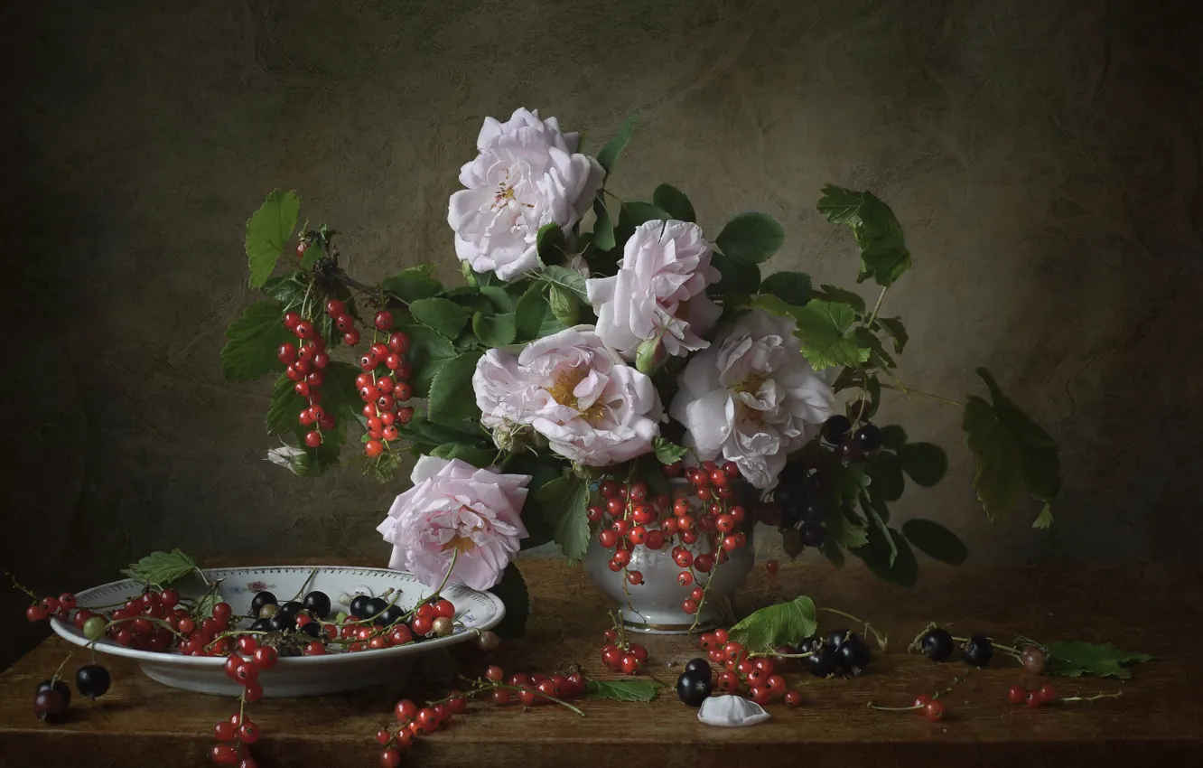 Photo wallpaper leaves, red, table, black, food, roses, bouquet, plate