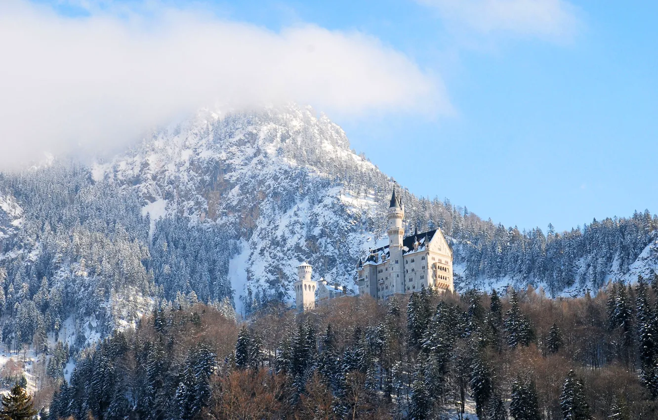 Photo wallpaper winter, forest, the sky, clouds, snow, trees, mountains, castle