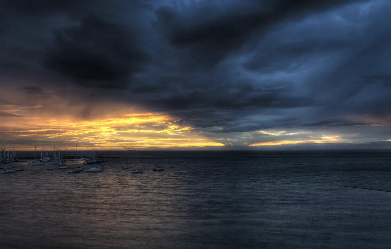 Photo wallpaper sea, clouds, the darkness, boats