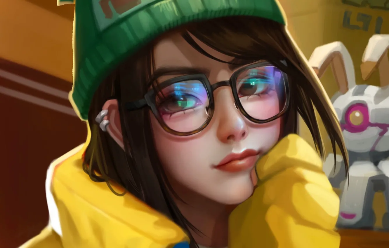 Photo wallpaper face, glasses, in the header, brown eyes, portrait of a girl, yellow jacket