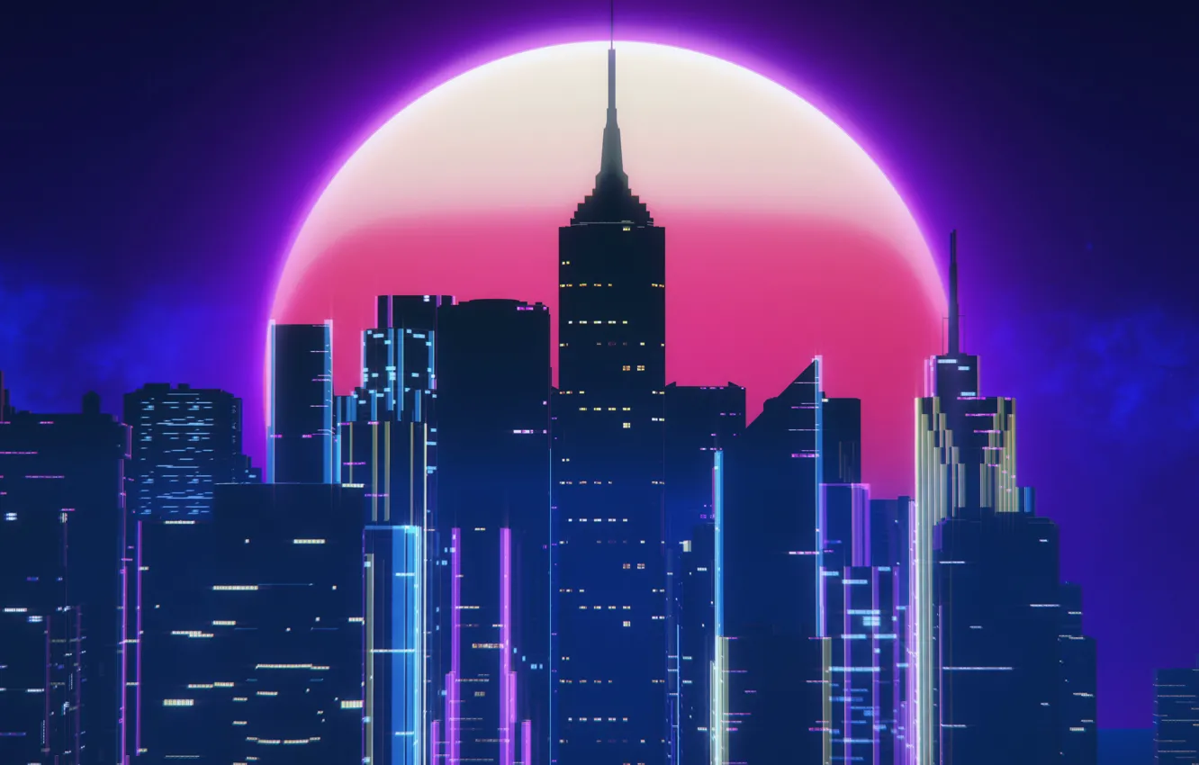 Photo wallpaper Night, Music, The city, The moon, Style, Neon, 80's, Synth