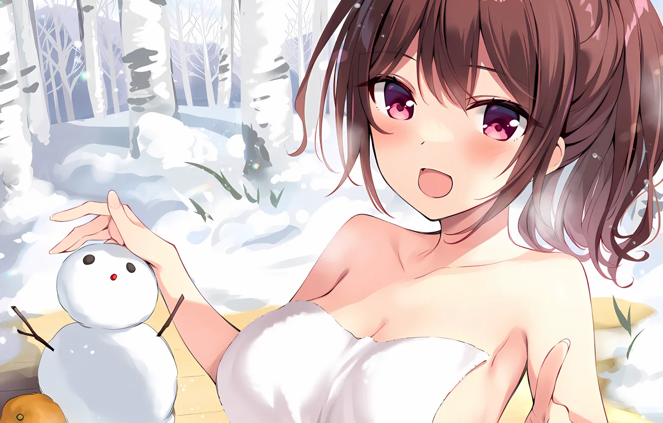 Photo wallpaper girl, sexy, cleavage, long hair, brown hair, boobs, anime, beautiful