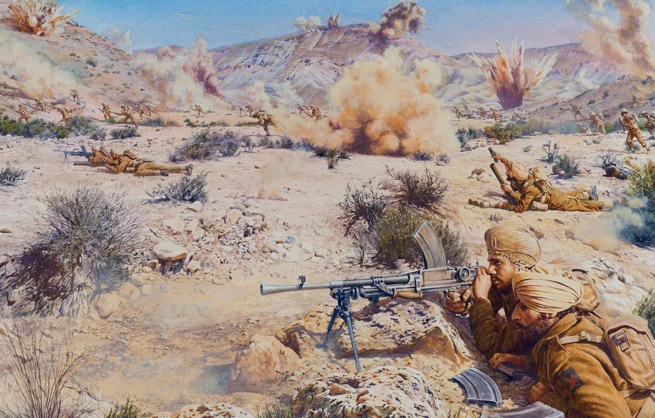 Photo wallpaper sand, stones, war, figure, explosions, battle, art, soldiers