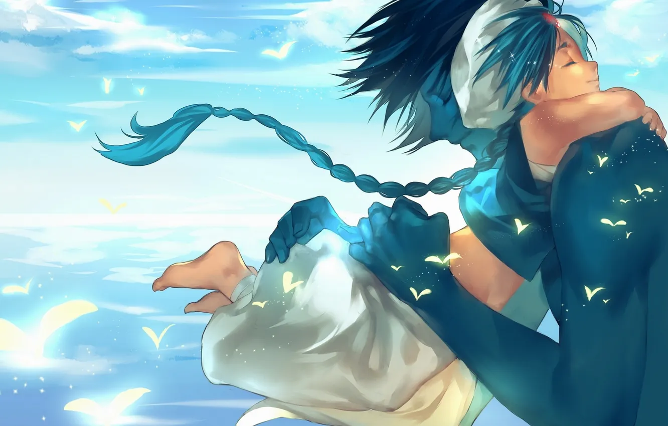 Photo wallpaper the sky, clouds, anime, art, hugs, guy, bird, Aladdin