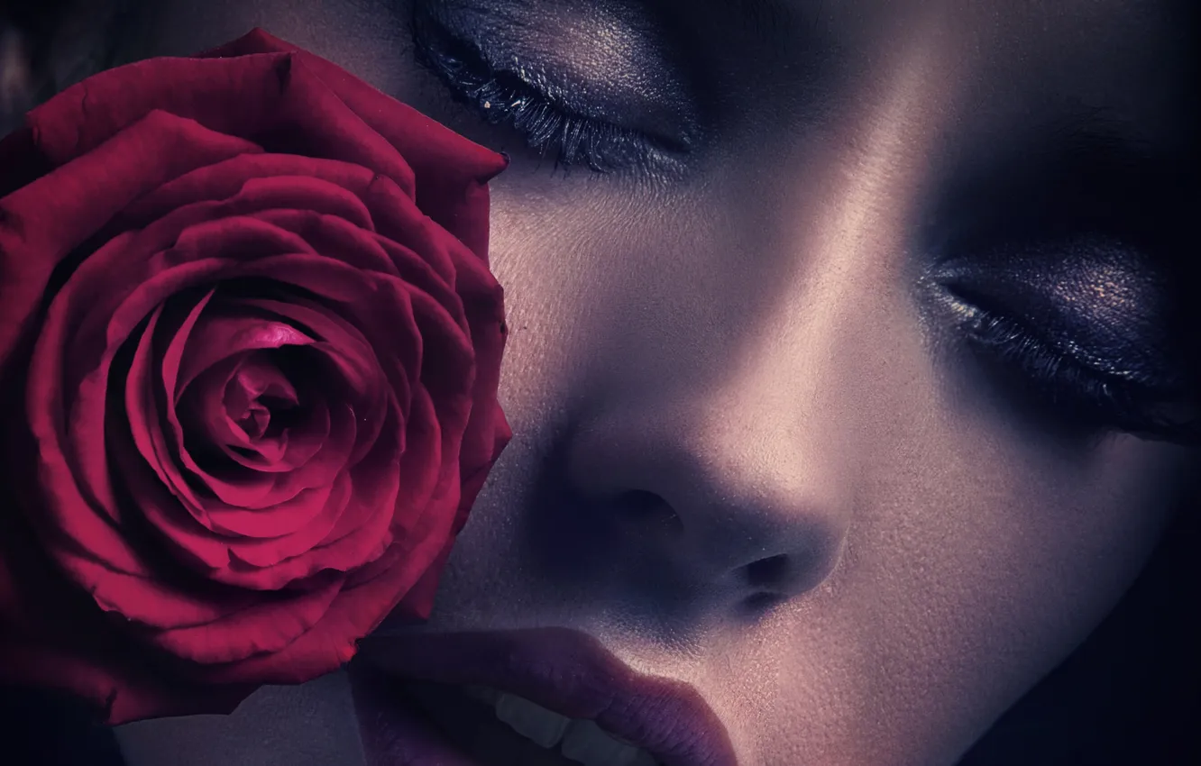 Photo wallpaper girl, face, eyelashes, rose, lips, closeup, closed eyes