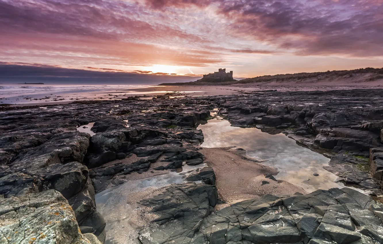 Photo wallpaper sea, landscape, sunset, castle, shore