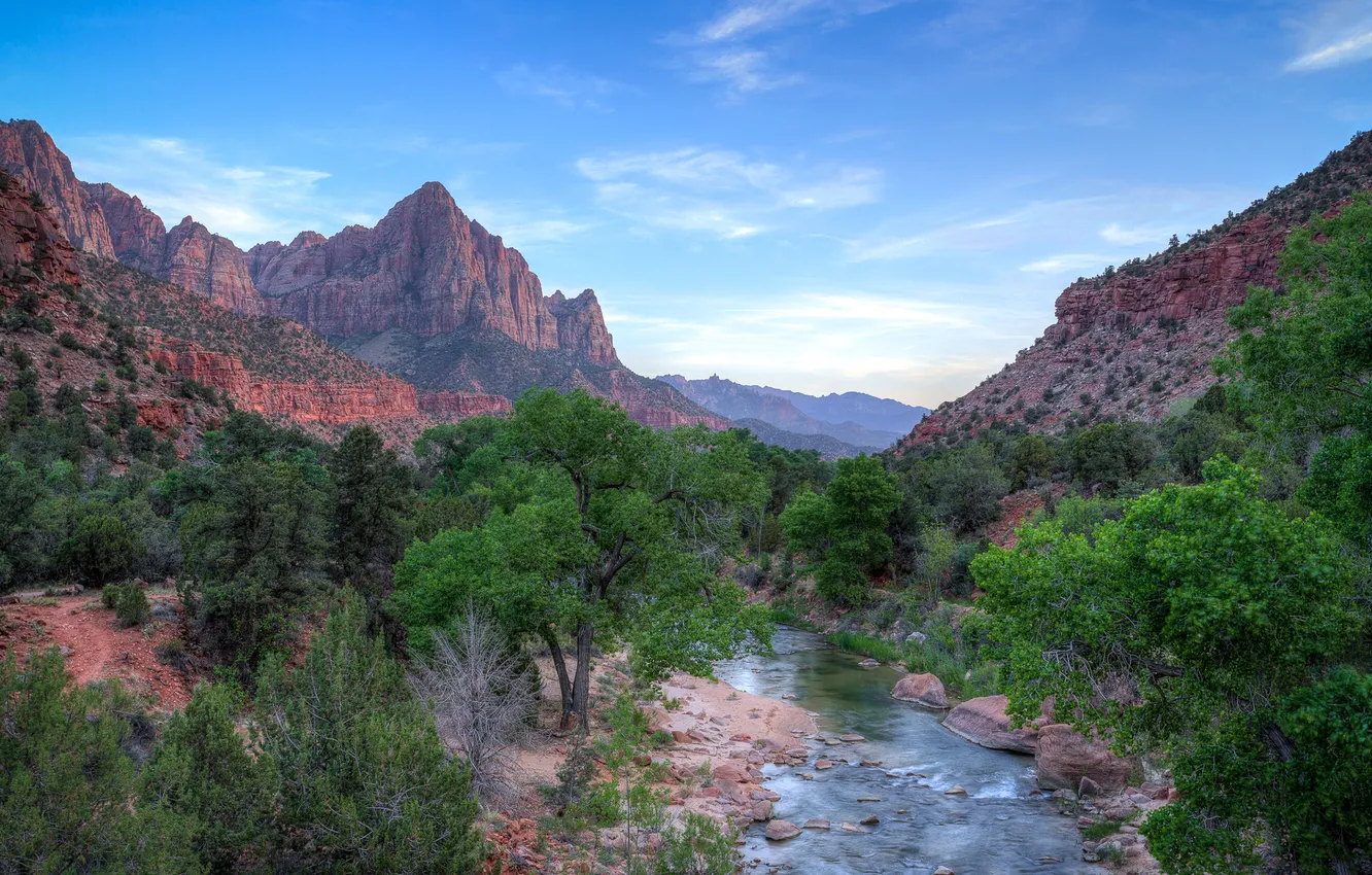 Photo wallpaper the sky, trees, mountains, river, Utah, USA, zion national park