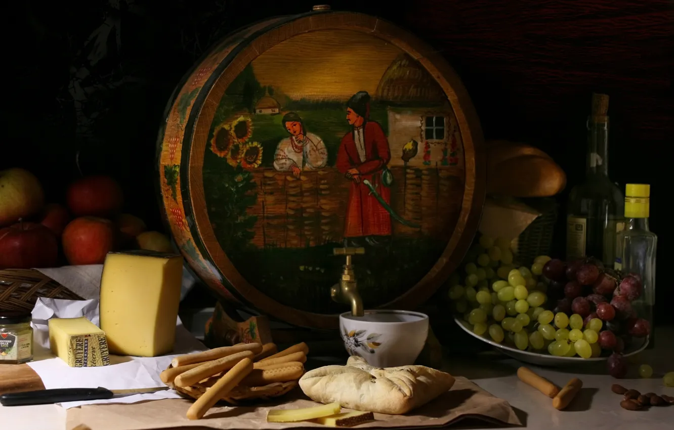Photo wallpaper the dark background, wine, apples, bottle, cheese, cookies, grapes, Cup