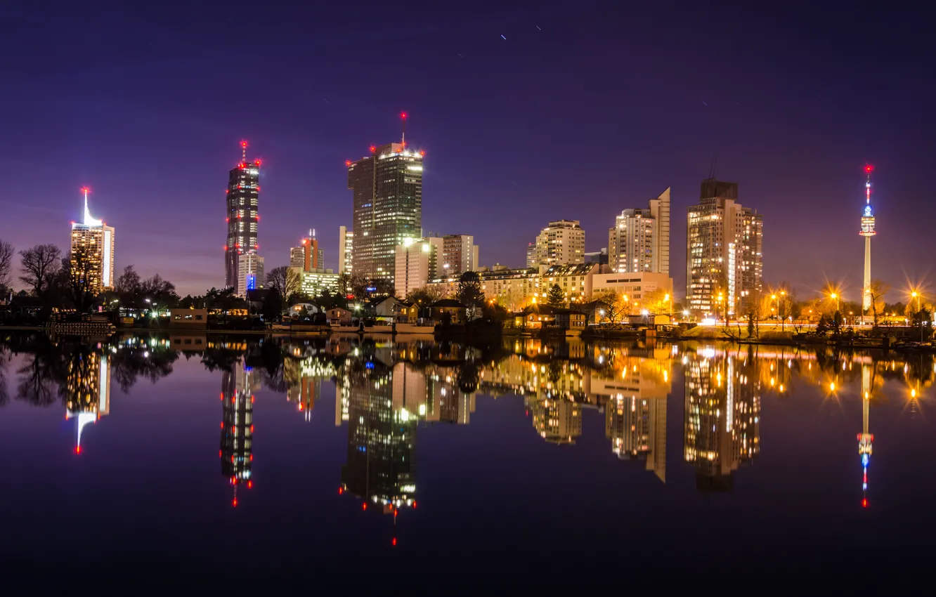 Photo wallpaper reflection, night, city, building, Austria, night, Austria, Vienna