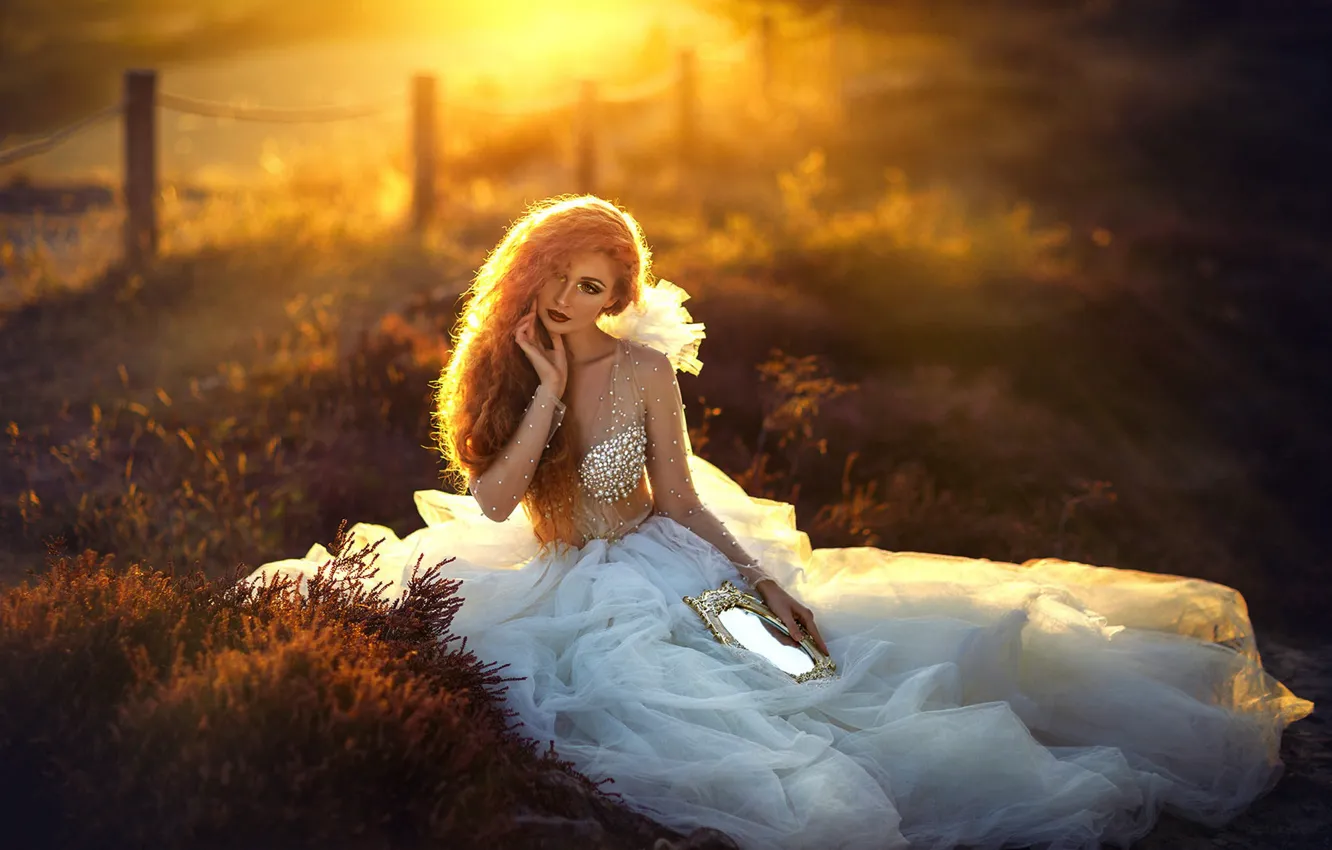 Photo wallpaper field, white, look, girl, the sun, rays, light, sunset