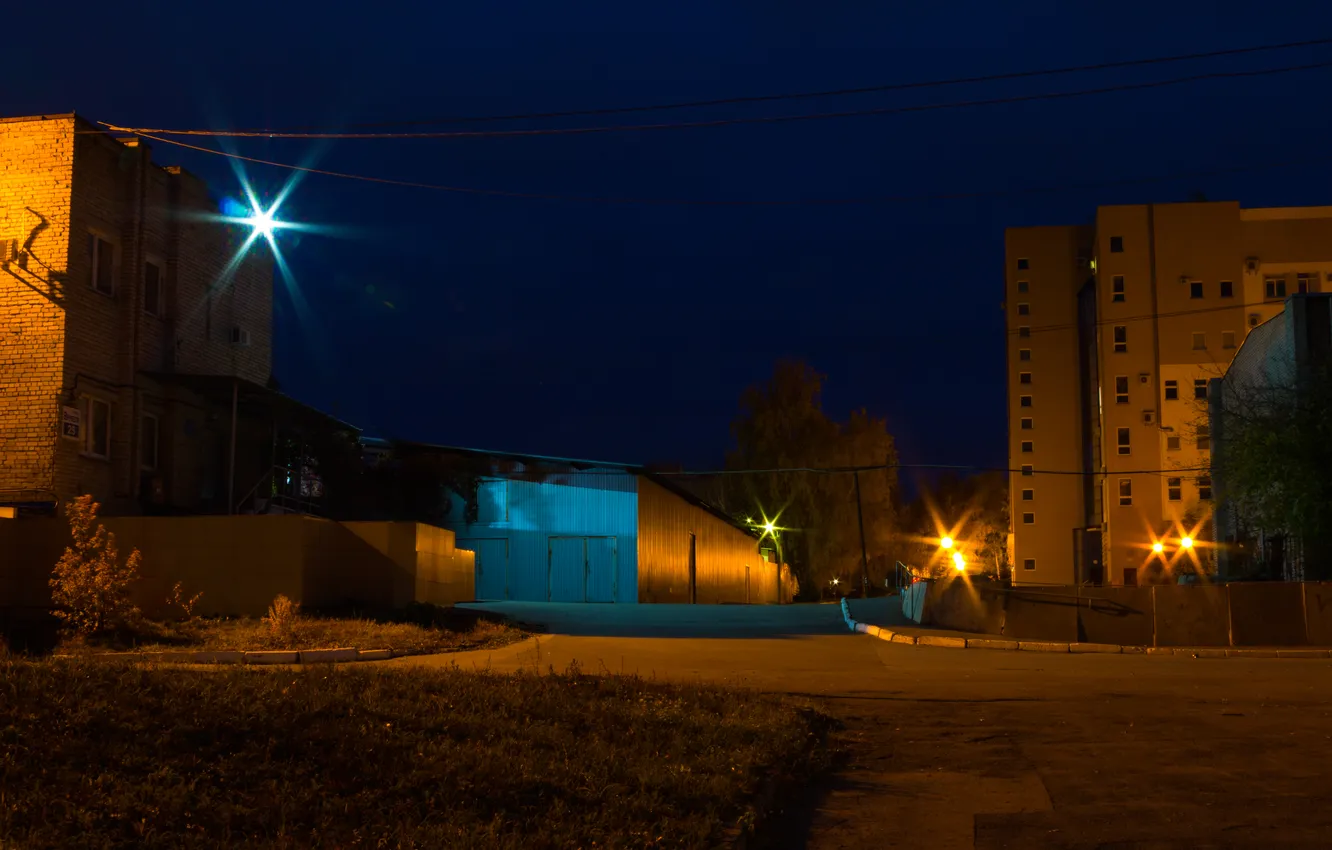 Photo wallpaper road, autumn, street, building, home, the evening, October, lights