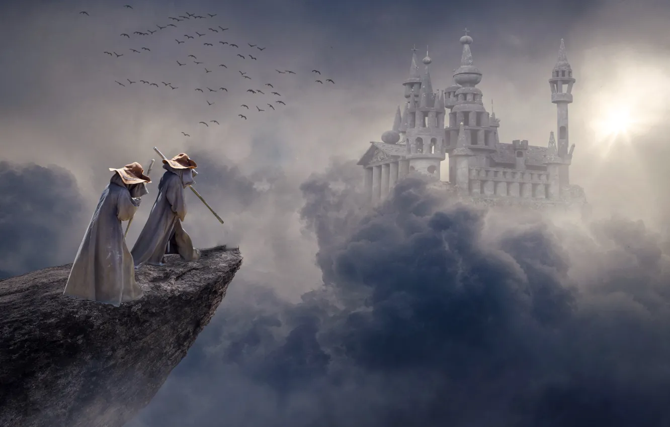 Photo wallpaper the sky, the sun, fog, castle, open, rocks, hat, fantasy