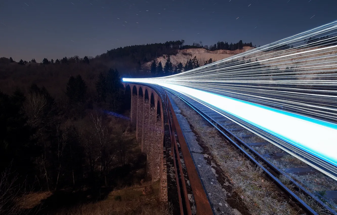 Photo wallpaper night, lights, train, railroad, Ghost Train