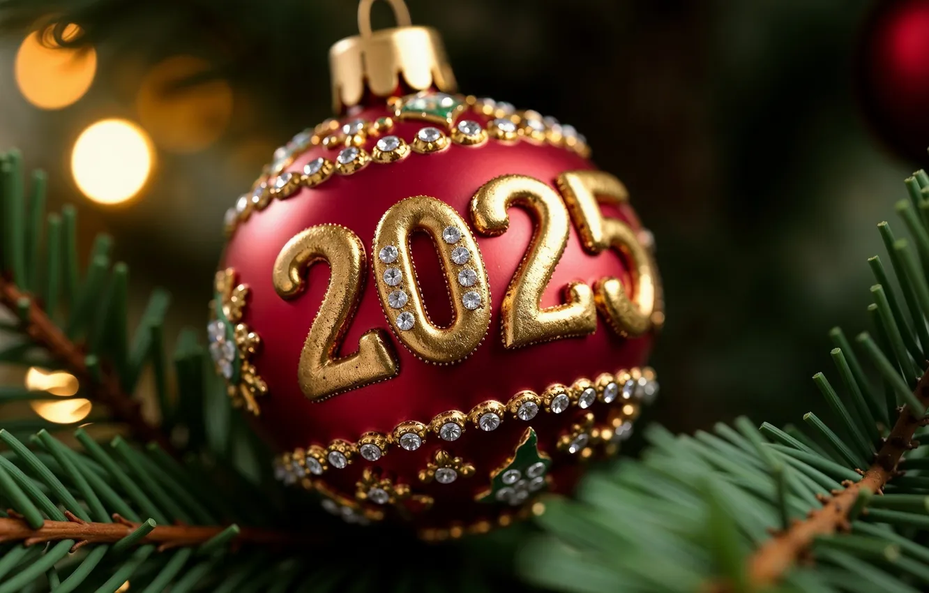 Photo wallpaper balls, branches, red, lights, the dark background, balls, Shine, new year